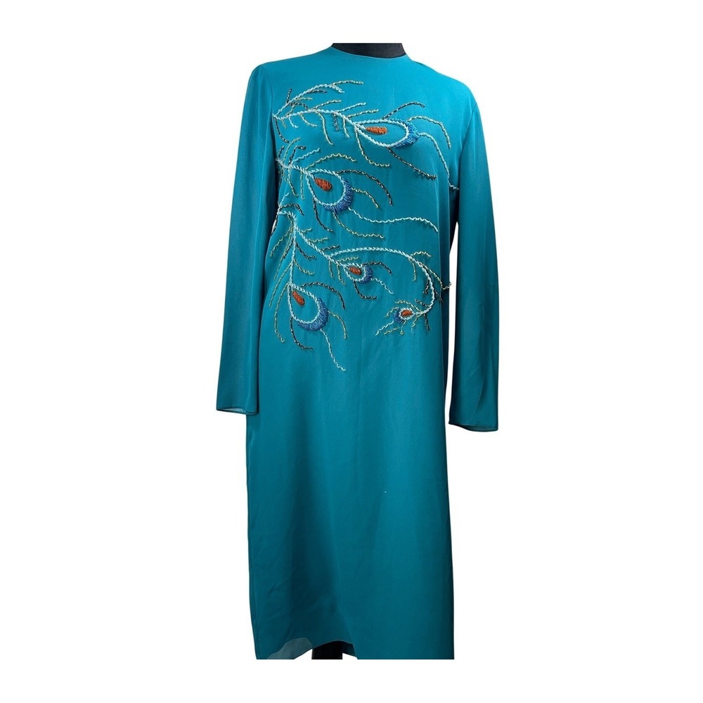 Vintage Style Teal Blue Beaded Peacock Chiffon Midi Dress Long Sleeve Lined art